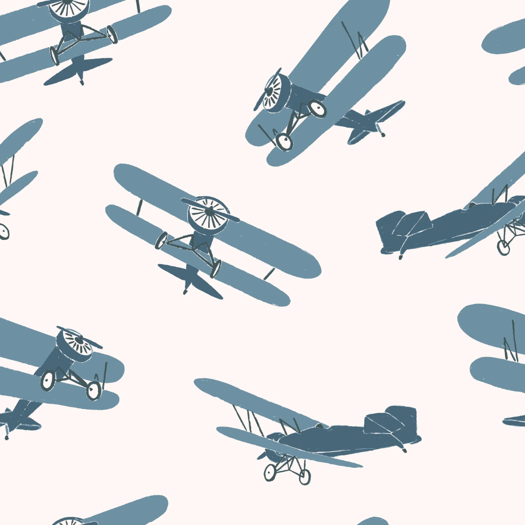 Blue vintage airplane wallpaper used as a baby boy shower photo booth backdrop, perfect for a charming celebration.