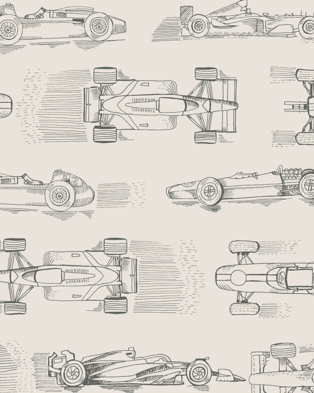 Vintage Cars wallpaper with playful monochrome doodles of vintage race cars in profile and aerial views, styled in a modern room interior | Funky Paper Co