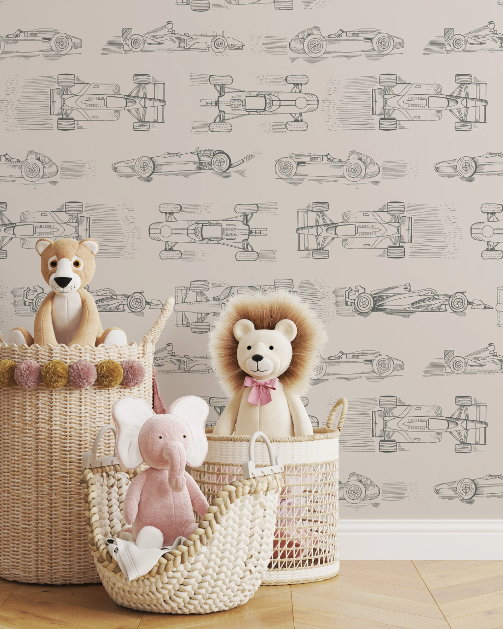 Vintage Cars wallpaper with playful monochrome doodles of vintage race cars in profile and aerial views, styled in a modern room interior | Funky Paper Co