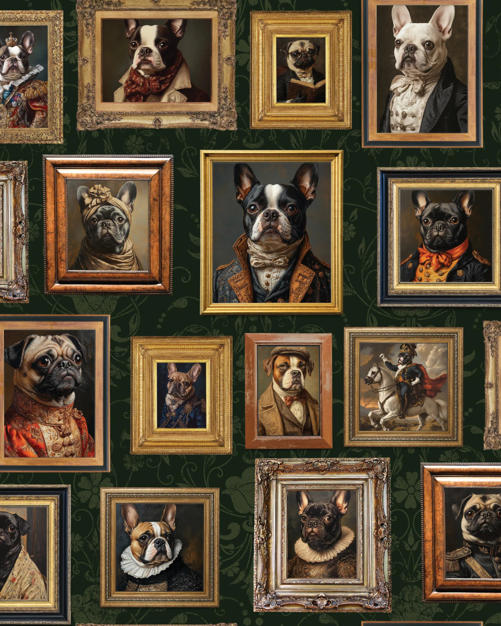 Vintage Dogs Frenchies green wallpaper with French bulldog and pug baroque portrait gallery wall on dark green