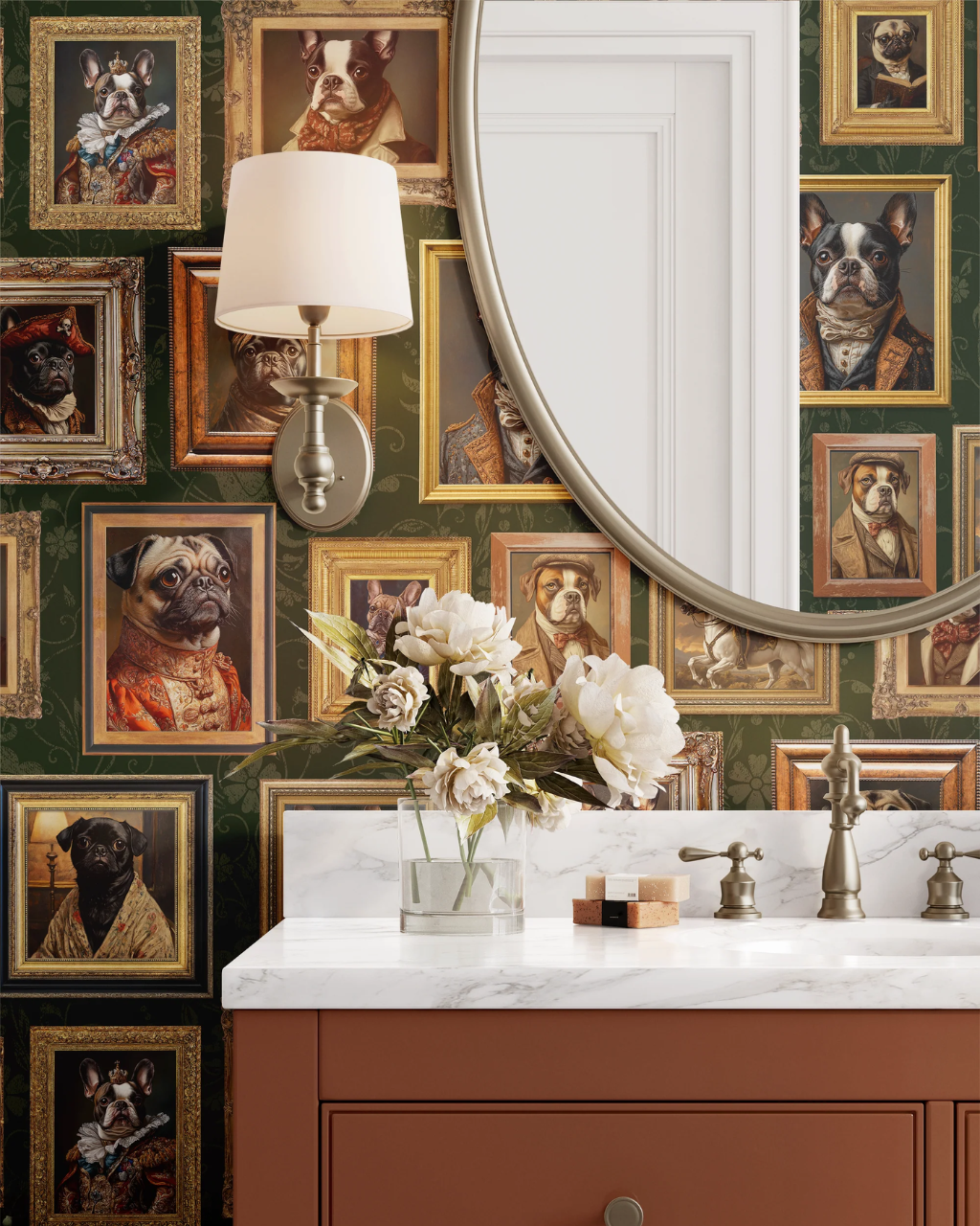 Vintage Dogs Frenchies green dog wallpaper in a bathroom with terracotta vanity and round mirror