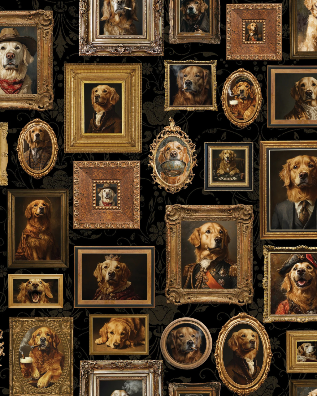 Vintage Dogs golden retriever wallpaper in black featuring ornate framed portrait gallery wall pattern