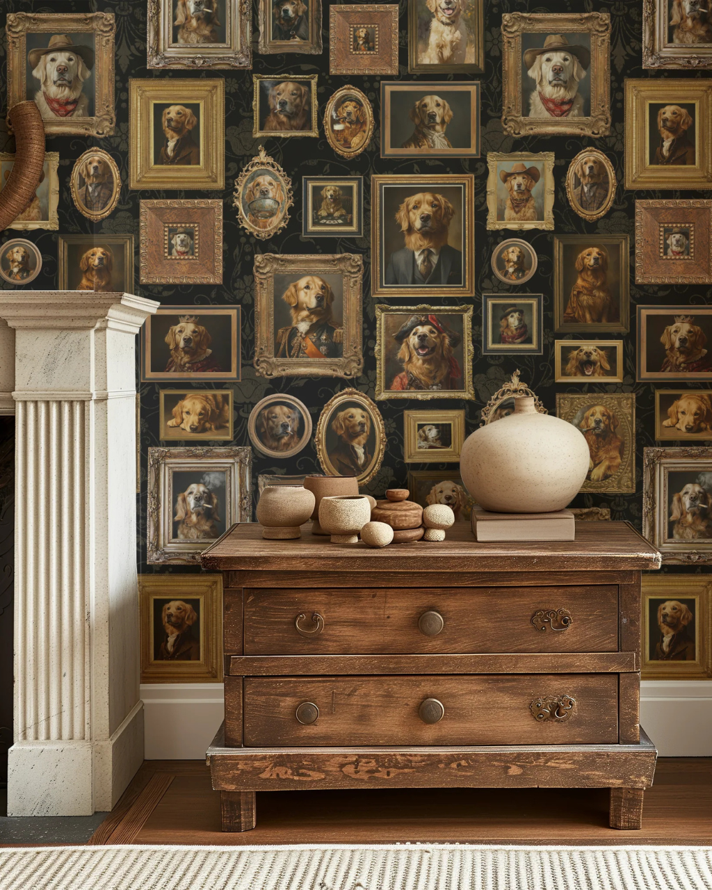 Vintage Dogs golden retriever portrait wallpaper styled with an antique wood dresser and fireplace