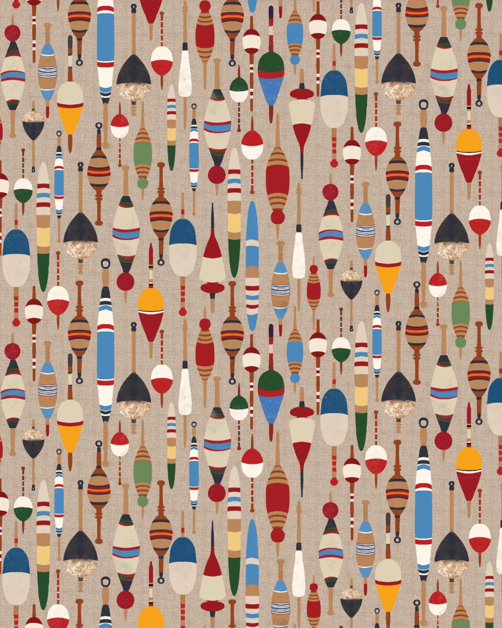 Vintage Fishing Bobbers preppy wallpaper with ornate fishing bobbers in bold red, blue and yellow on a textured beige background, styled in a classic room interior | Funky Paper Co