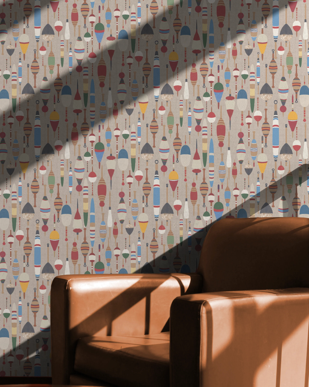 Vintage Fishing Bobbers preppy wallpaper with ornate fishing bobbers in bold red, blue and yellow on a textured beige background, styled in a classic room interior | Funky Paper Co