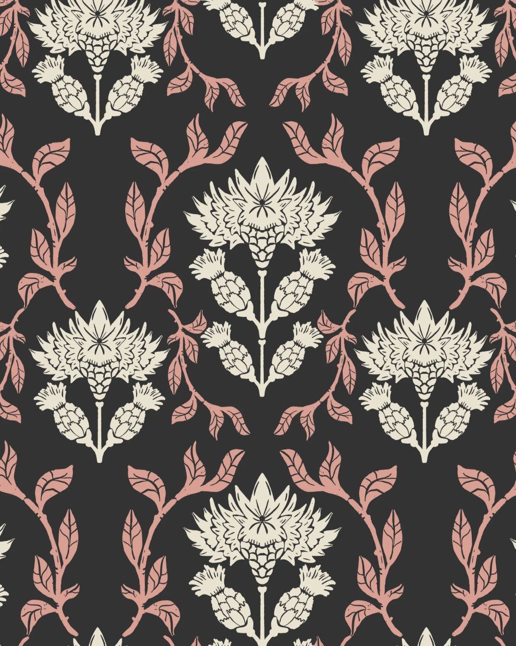 Close-up of Vintage Garden Dark wallpaper by Papillon Patterns featuring cream floral repeats framed by soft pink leaves on a charcoal background | Peel and stick Wallpaper by Funky Paper Co