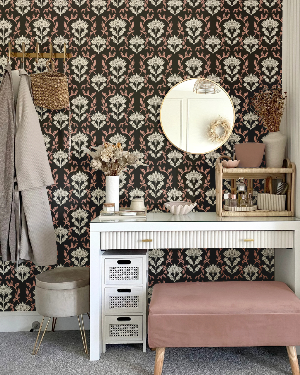 Vanity area with Vintage Garden Dark wallpaper by Papillon Patterns, showcasing elegant cream florals and pink leaves on a dark charcoal backdrop | Peel and stick Wallpaper by Funky Paper Co