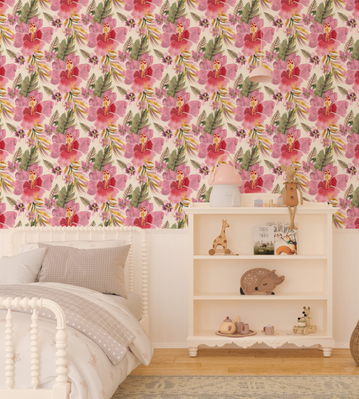 A child's bedroom features a bright Watercolor Hibiscus Delight Wallpaper with large pink and red flowers.