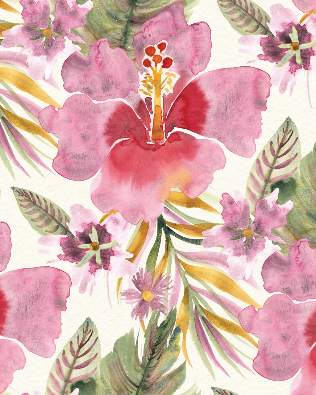 Print of a watercolor hibiscus wallpaper sample with large pink flower