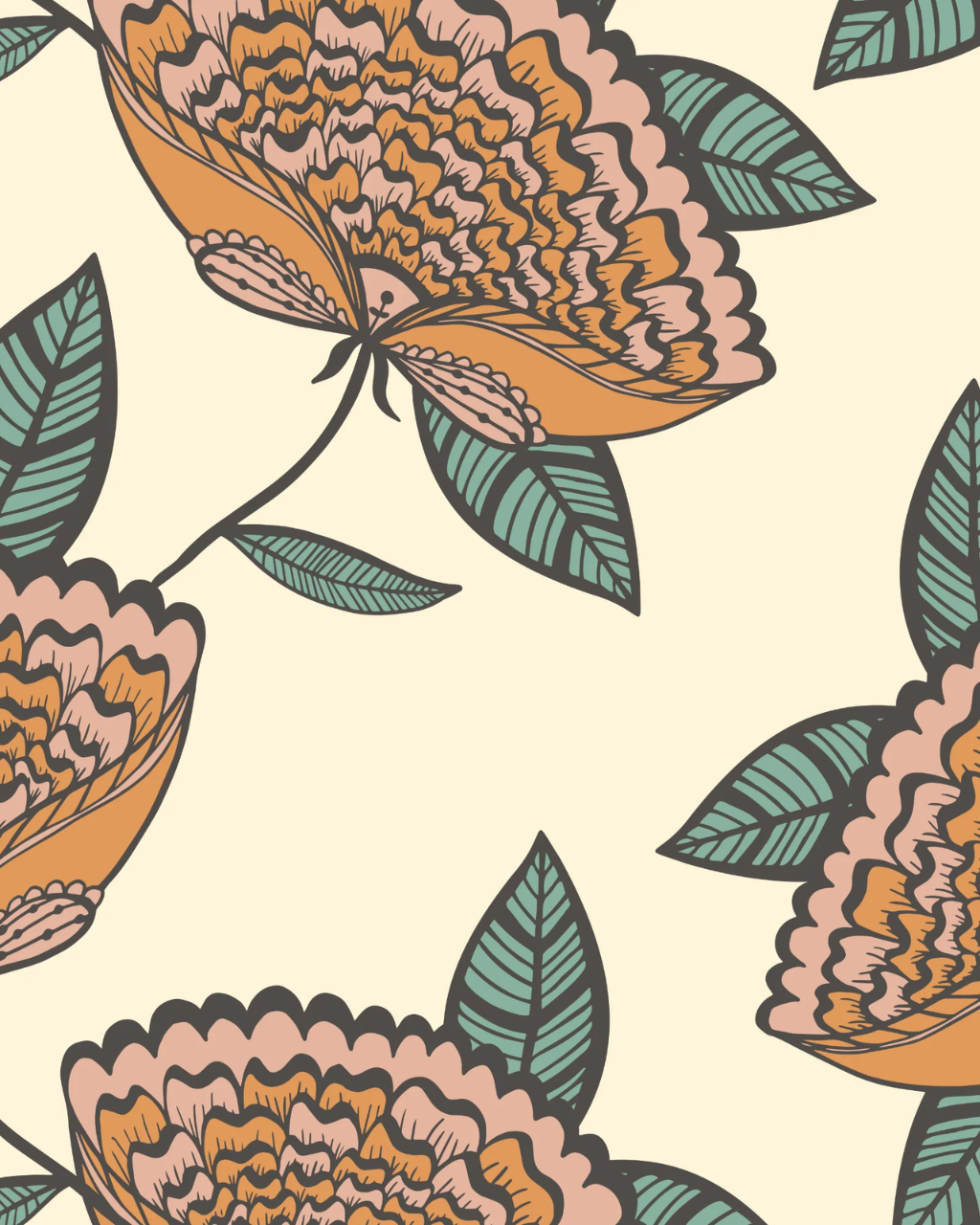 Welcome Flowers wallpaper with oversized orange and pink blooms styled in a colorful boho room interior | Kitchen Wallpaper Ideas by Funky Paper Co