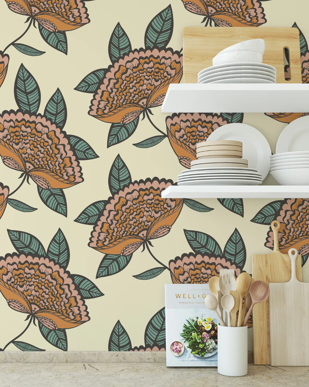 Welcome Flowers wallpaper with oversized orange and pink blooms styled in a colorful boho room interior | Kitchen Wallpaper Ideas by Funky Paper Co