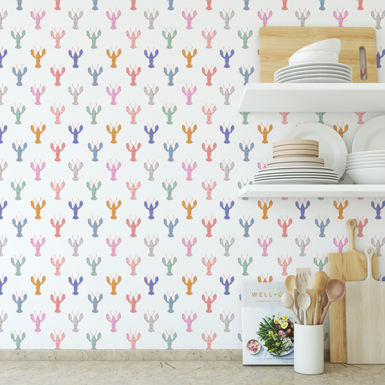 Lobster Fête White Wallpaper X Kate Clay